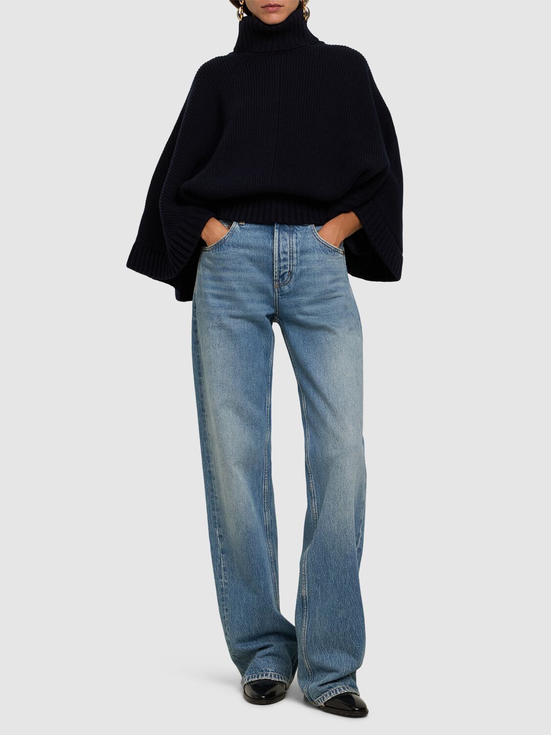 Shop Chloé Oversize Wool Blend Turtleneck Sweater In Navy