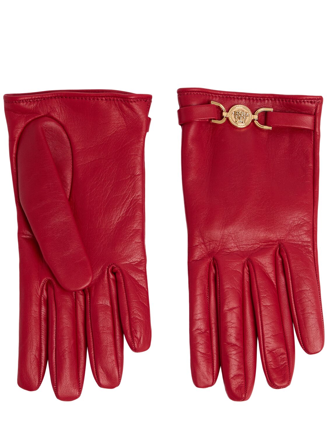 Versace Medusa Clamp Leather Gloves In Lipstick Red