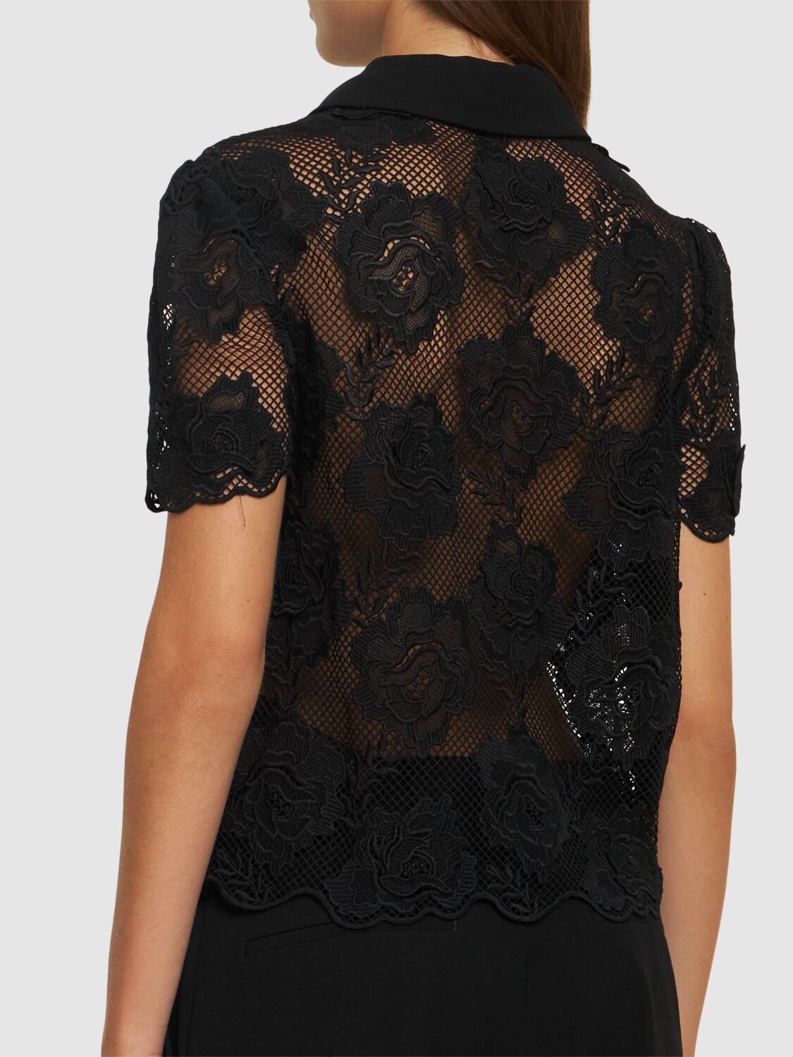 Shop Self-portrait Short Sleeve Lace Top In Black