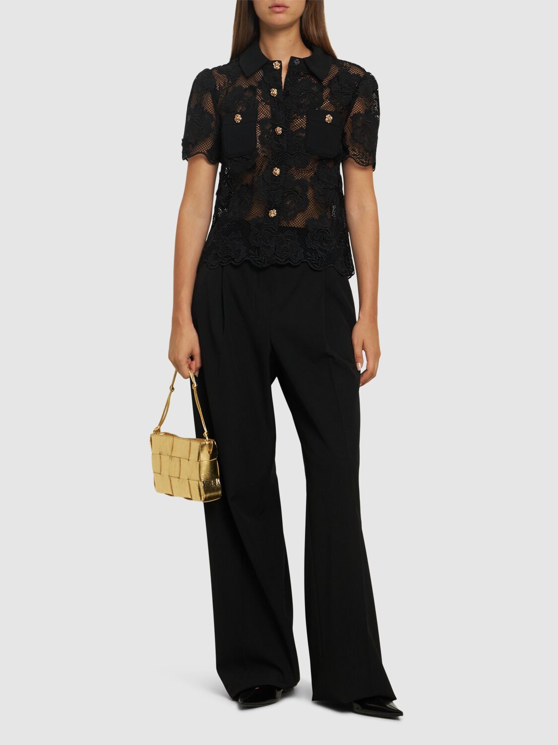 Shop Self-portrait Short Sleeve Lace Top In Black