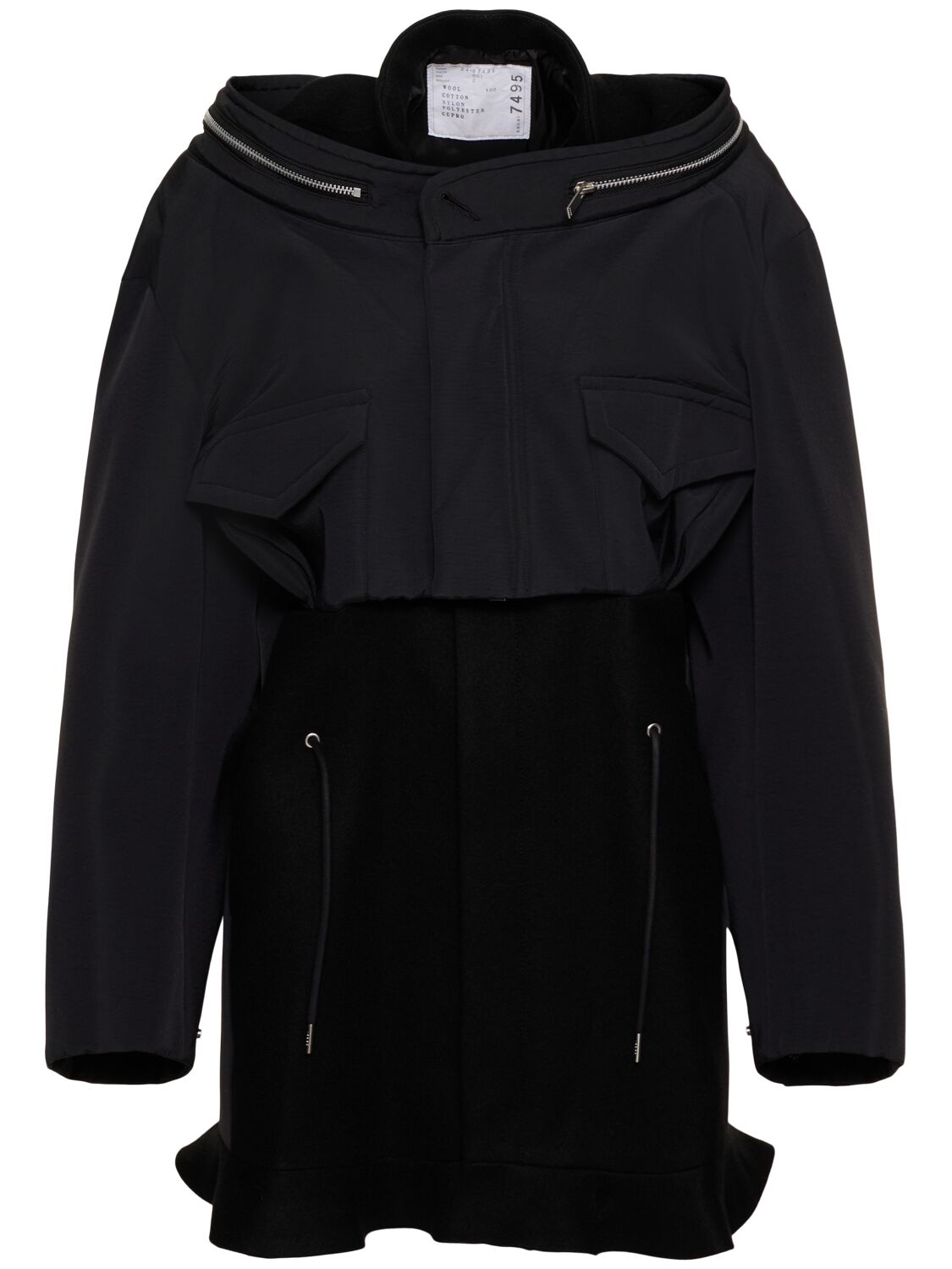 Sacai Oversize Short Wool Melton Jacket Dress In Black