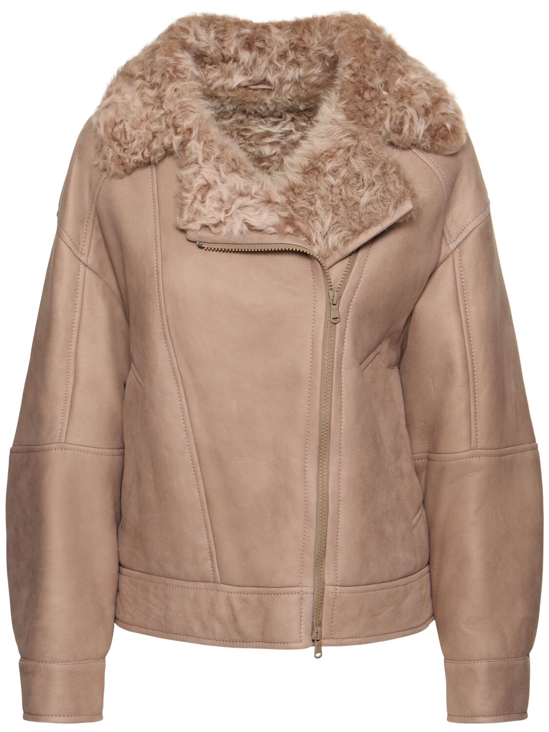 Brunello Cucinelli Shearling Leather Jacket In Beige