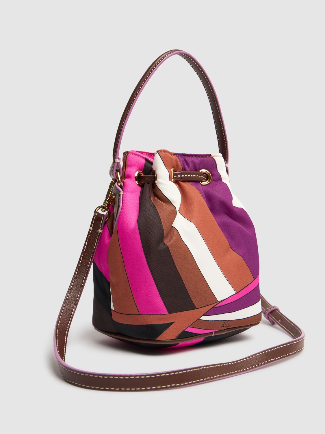 Shop Pucci Small Nylon Drawstring Basket Bag In Fuxia/marrone