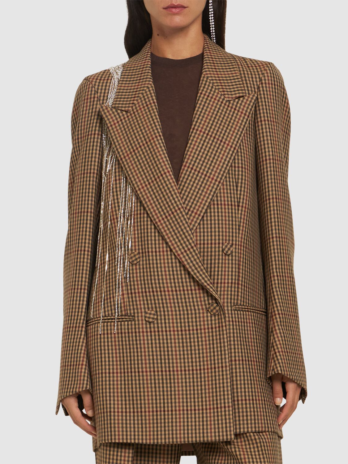 Dries Van Noten Blink Plaid Blazer With Crystal Chains In Beige/multi