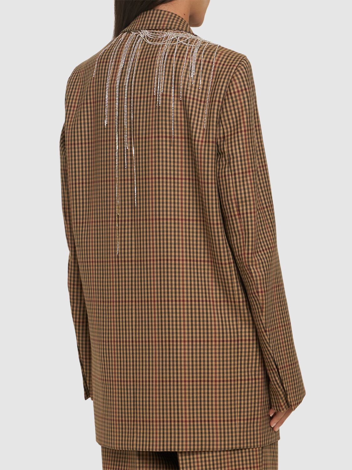 Dries Van Noten Blink Plaid Blazer With Crystal Chains In Beige/multi
