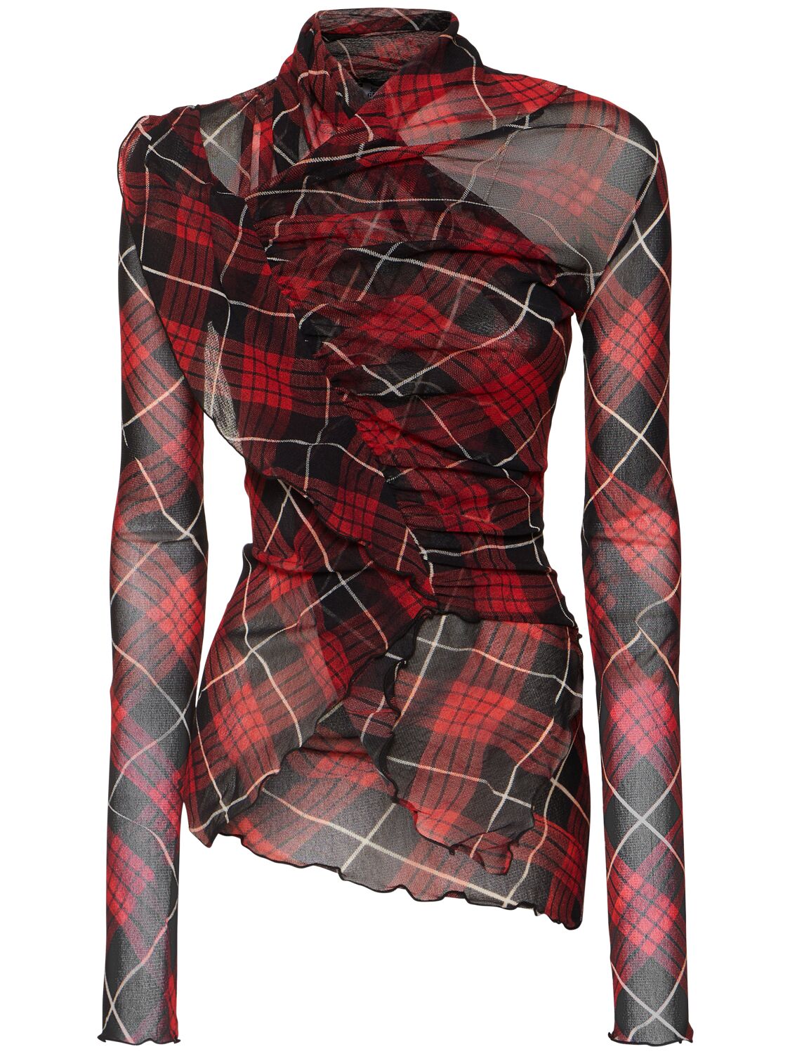 Jean Paul Gaultier Distorted Tartan Printed Mesh Draped Top In Red