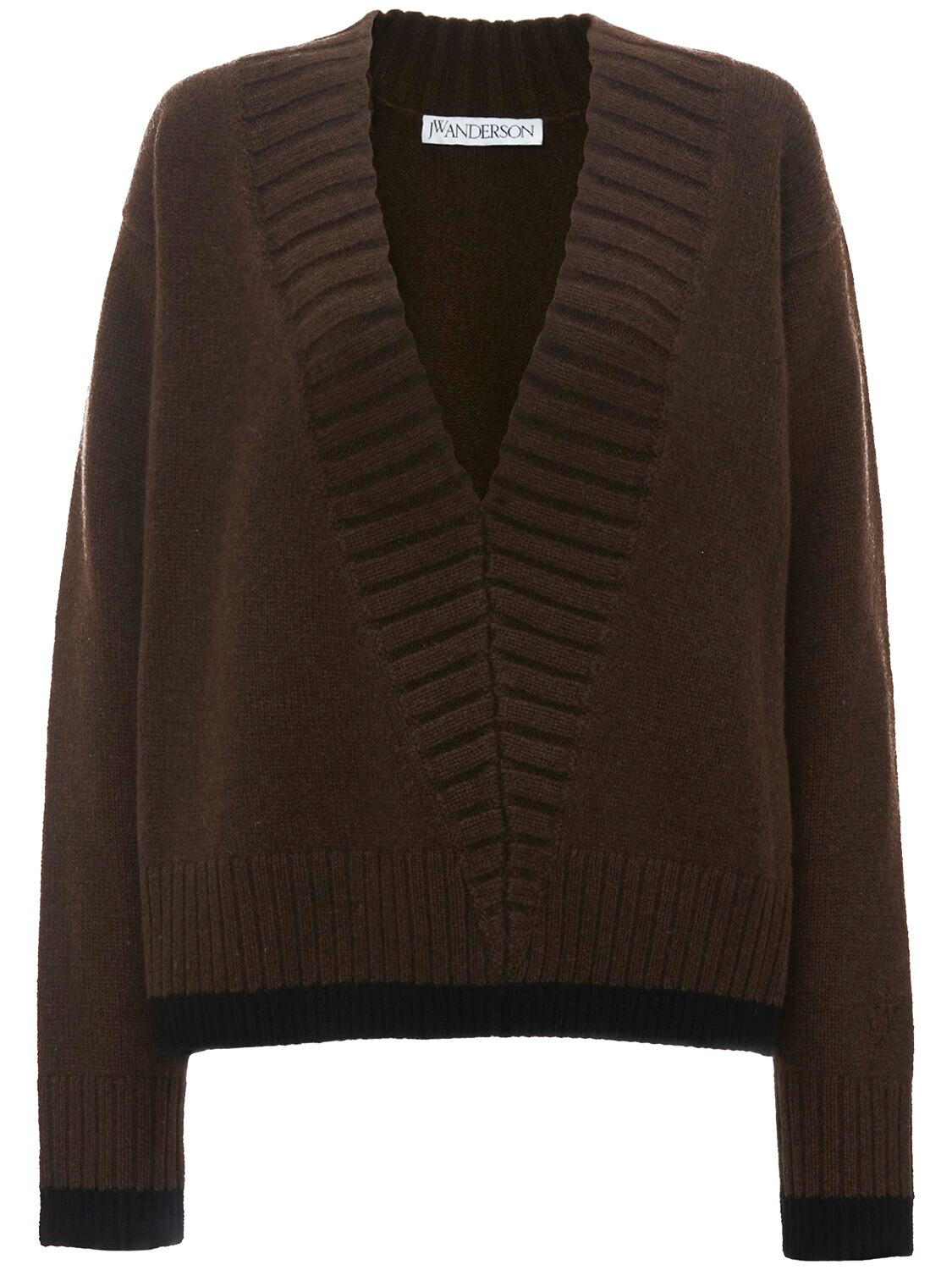 Shop Jw Anderson Wool Blend Knit V Neck Sweater In Dark Brown