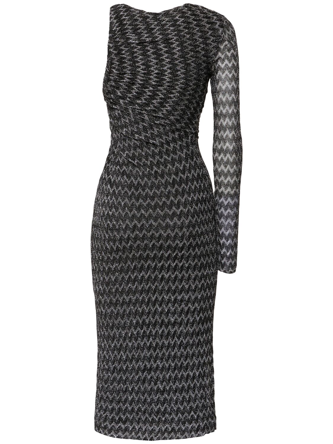 Shop Missoni Chevron Lurex One Sleeve Midi Dress In Black/silver