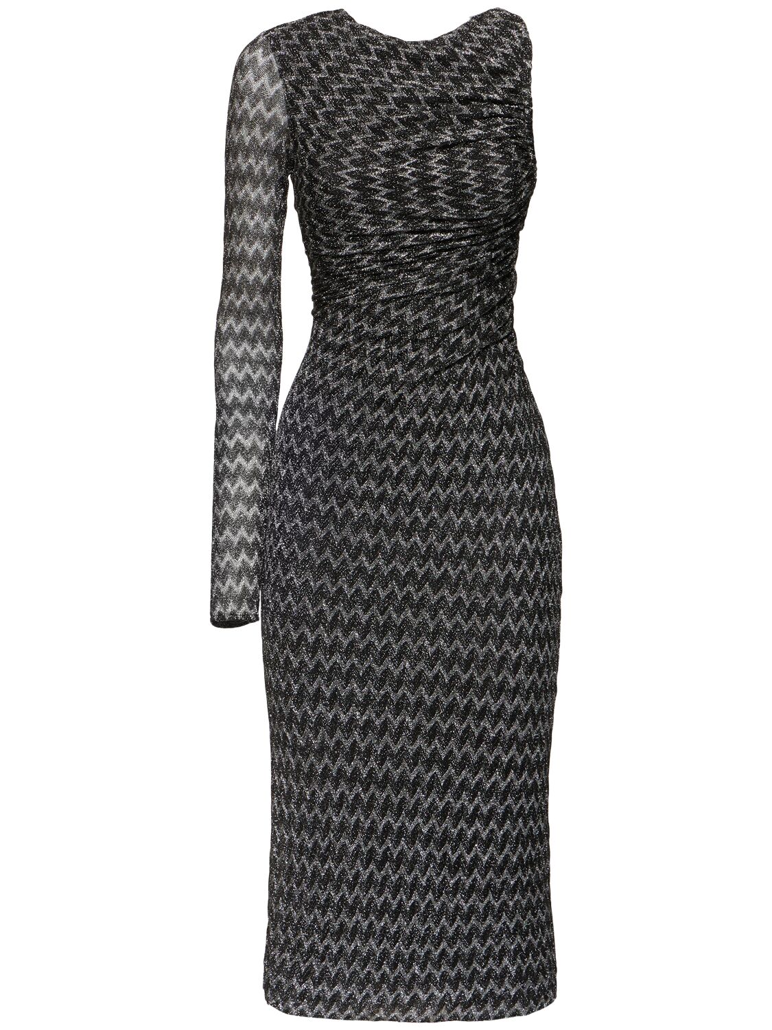 Missoni Chevron Lurex One Sleeve Midi Dress In Black/silver