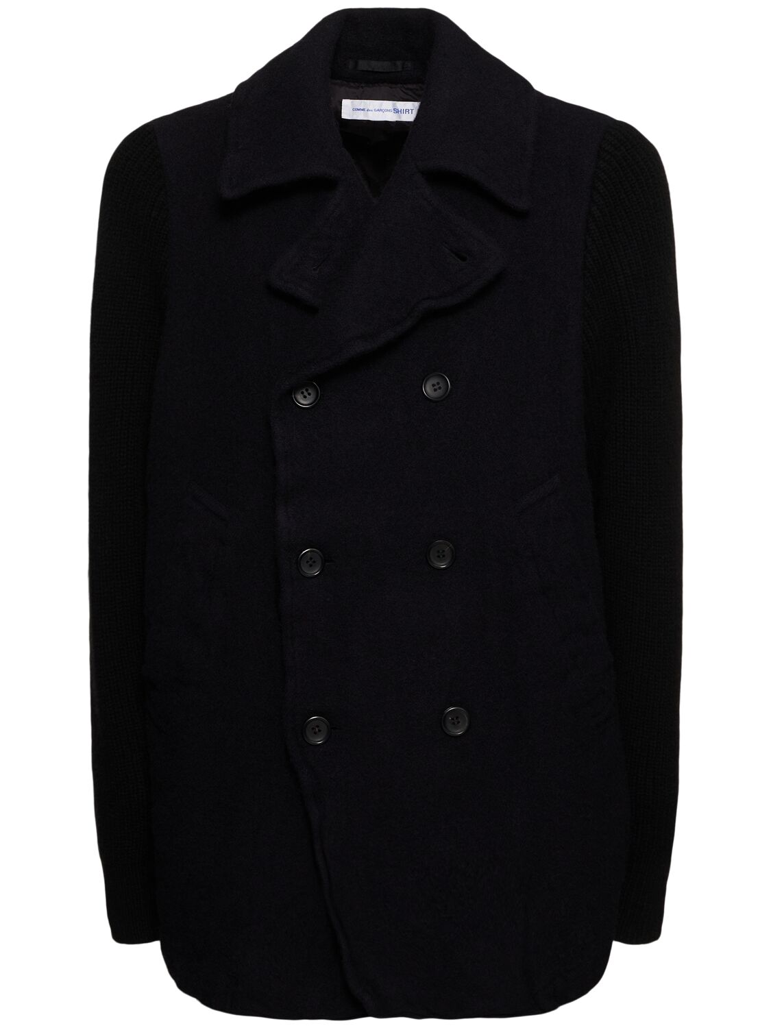 Comme Des Garçons Shirt Wool Blend Double Breasted Peacoat In Navy