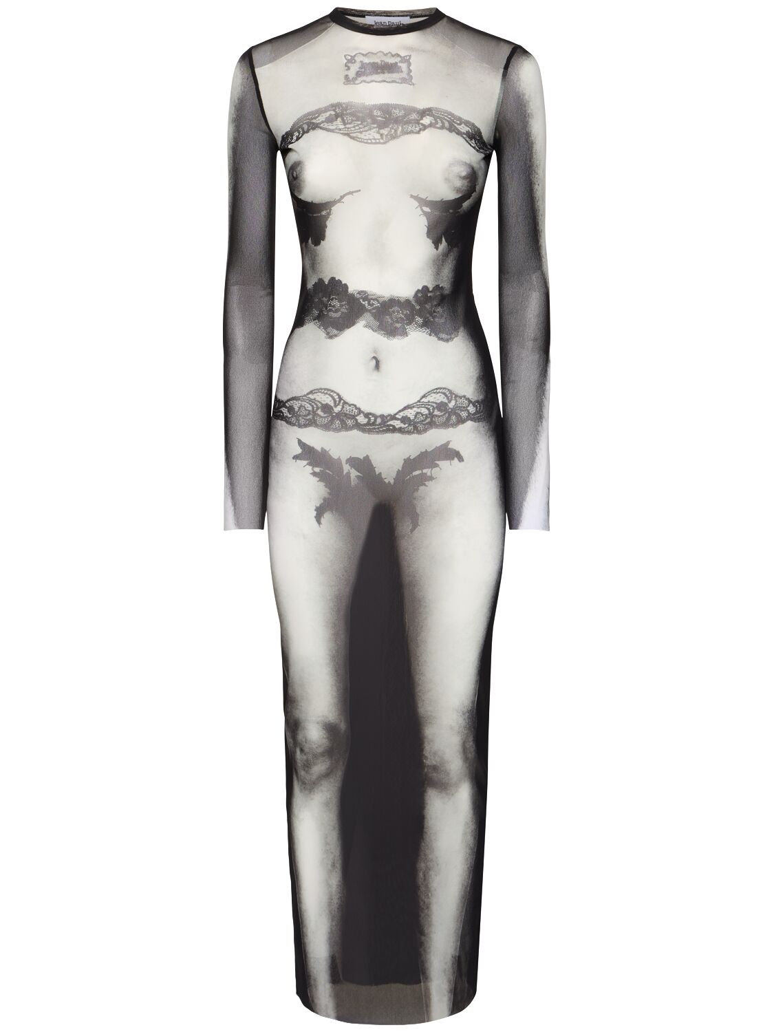 Shop Jean Paul Gaultier Body Lace Mariniere Printed Mesh Dress In Black/white