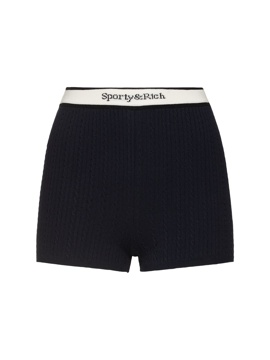 Sporty And Rich Serif Logo Cable Knit Biker Shorts In Navy