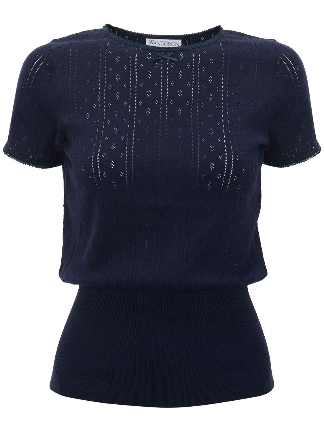 Jw Anderson Cotton Pointelle Cap Sleeve T-shirt In Navy