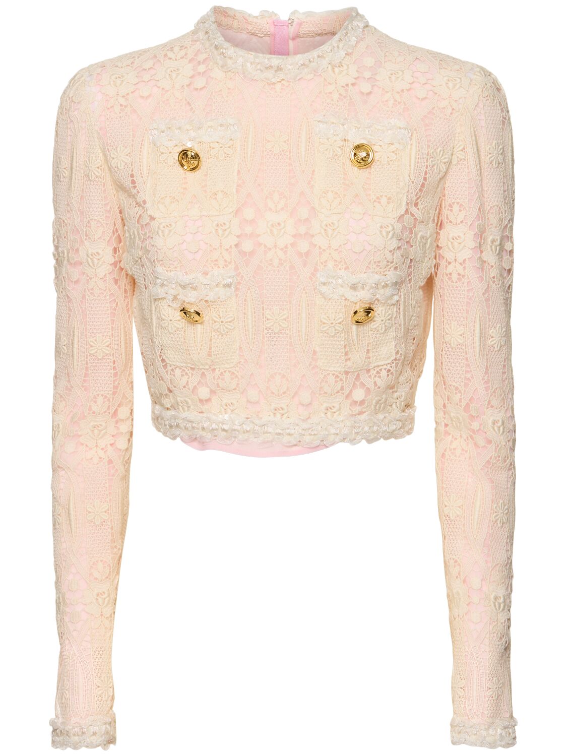 Giambattista Valli Embroidered Macramé L/s Crop Top In Ivory