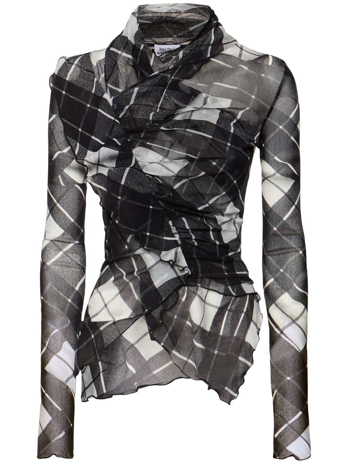 Shop Jean Paul Gaultier Distorted Tartan Printed Mesh Draped Top In 黑色/白色