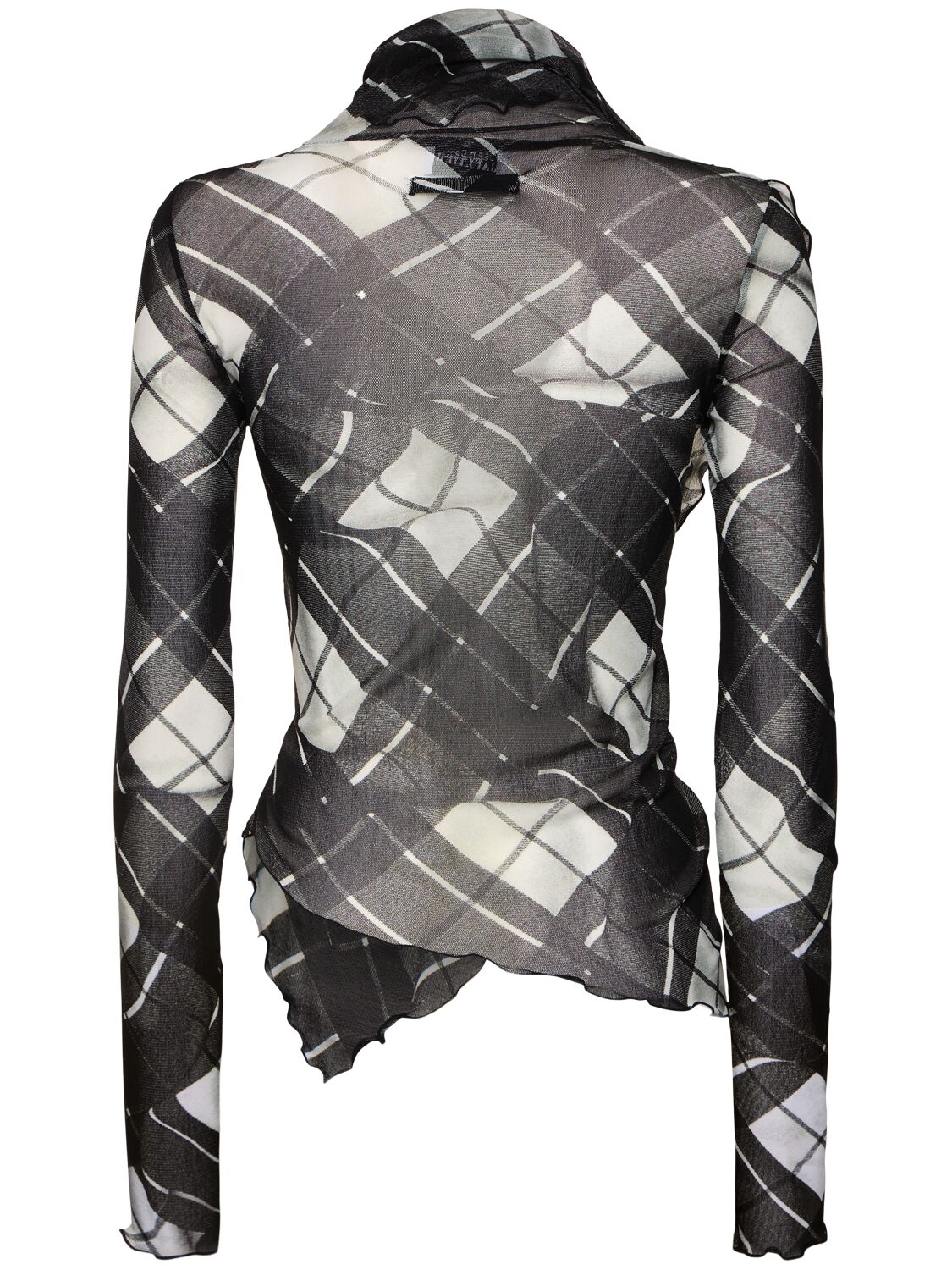 Shop Jean Paul Gaultier Distorted Tartan Printed Mesh Draped Top In 黑色/白色