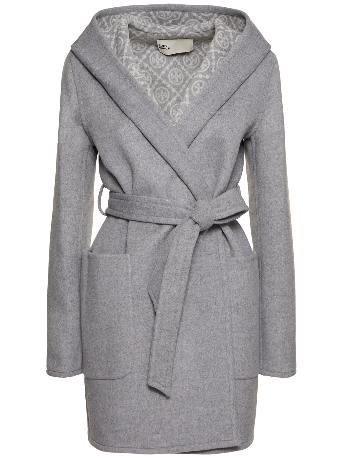 Tory Burch Hooded Wool Wrap Coat In Gray/multi