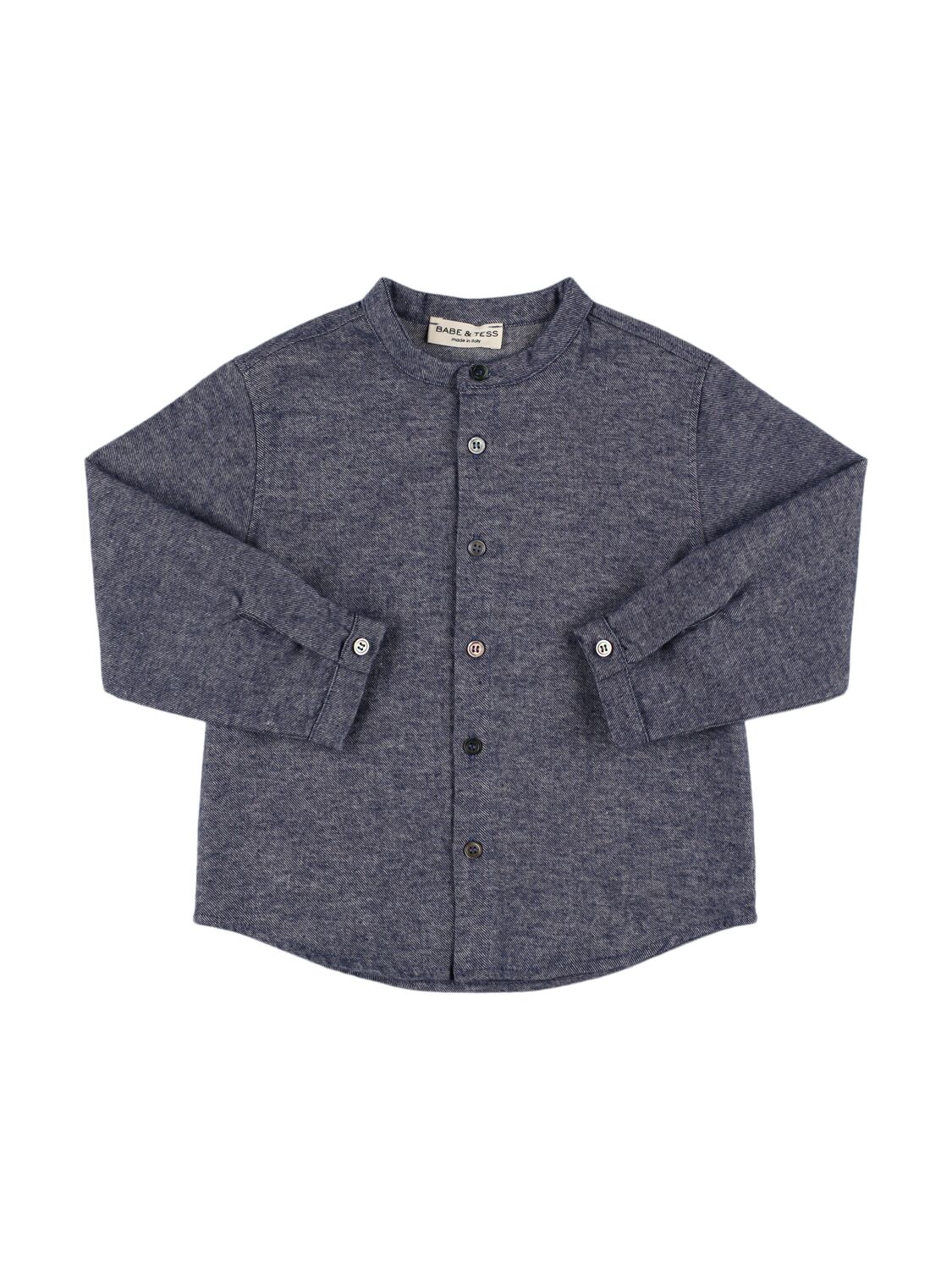 Babe And Tess Mandarin Collar Cotton Blend Shirt In Blue