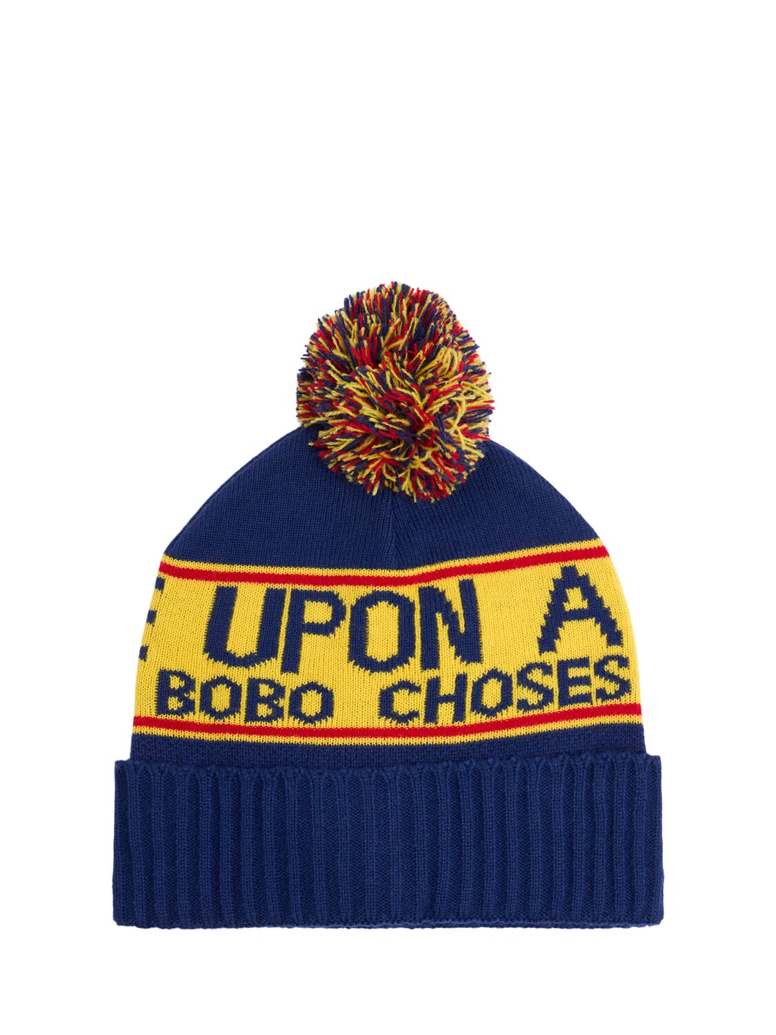 Bobo Choses Printed Knit Beanie W/ Pompon In Blue