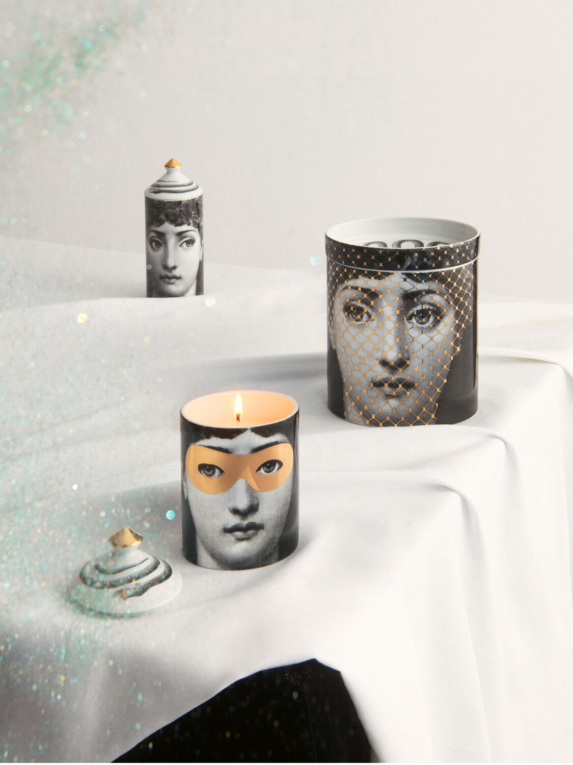 Shop Fornasetti Decoro Mascherina Small Candle In Grey