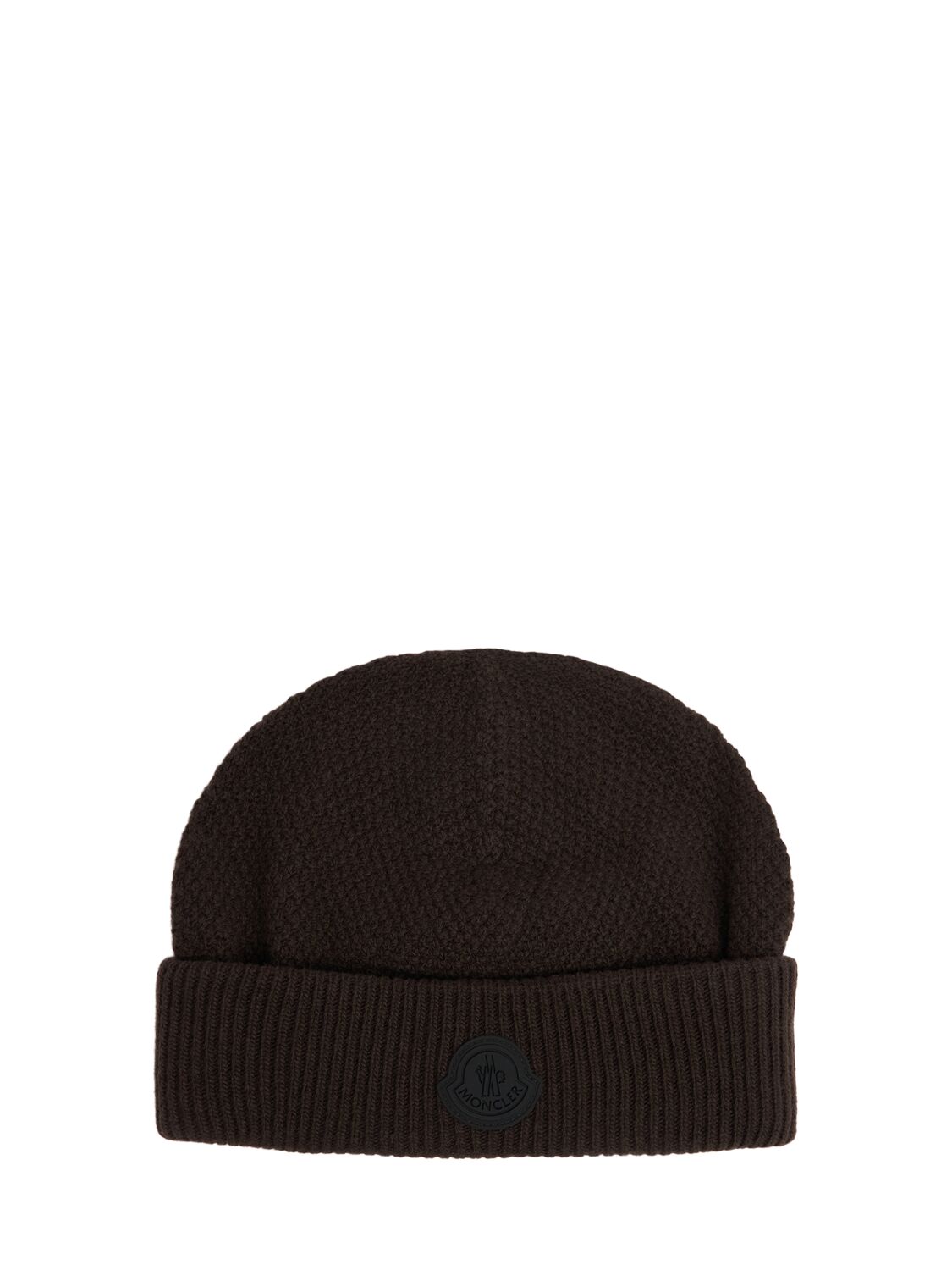 Moncler Logo Carded Wool Beanie In Brown