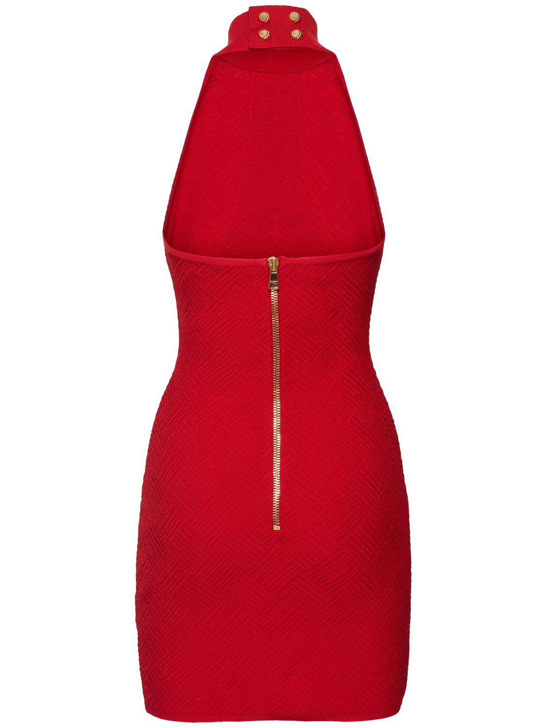 Shop Balmain Knitted Halter Neck Mini Dress In Red