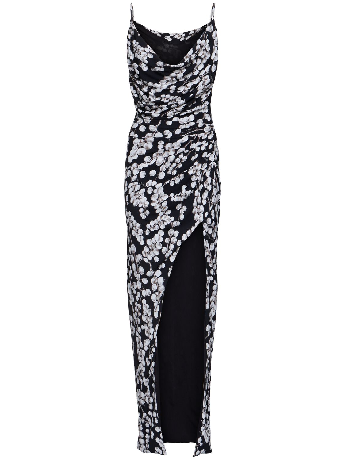 Balmain Printed Viscose Cowl Neck Long Dress In Brown