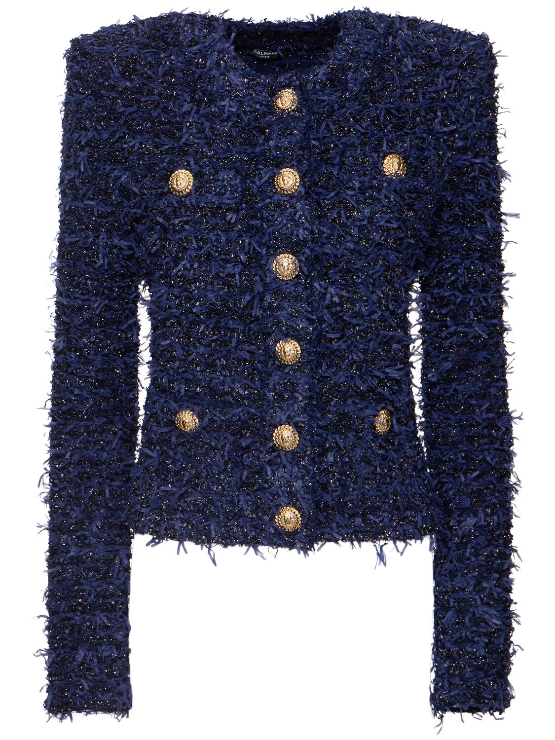 Shop Balmain Collarless Tweed Cropped Jacket In Navy