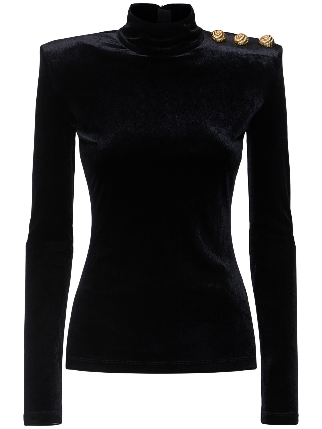 Shop Balmain Buttoned High Neck Velvet Top In Black