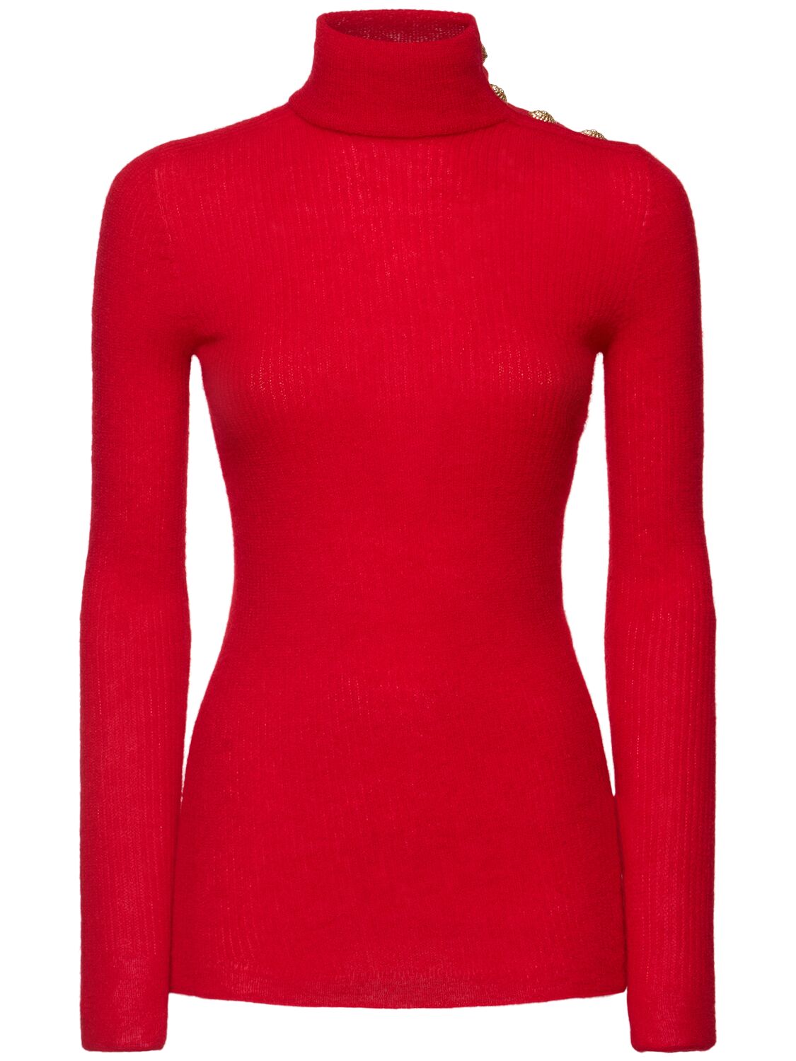 Shop Balmain Buttoned Mohair Blend High Neck Sweater In Red