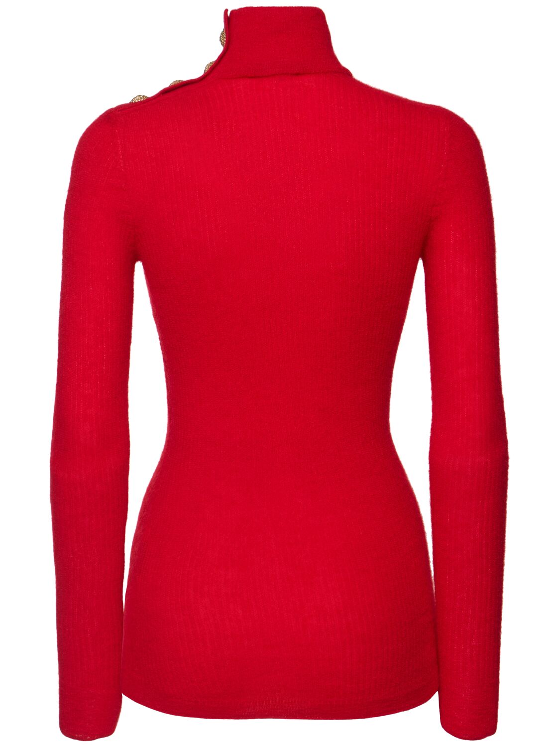 Shop Balmain Buttoned Mohair Blend High Neck Sweater In Red