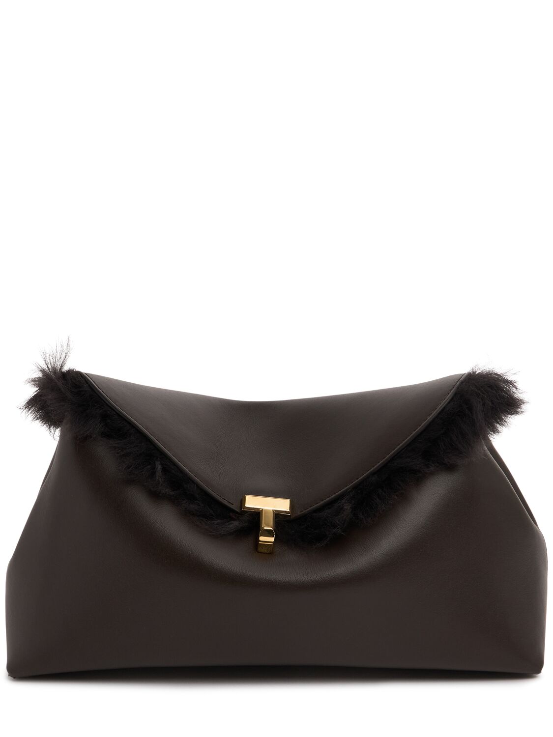 Totême T-lock Shiny Shearling & Nappa Clutch In Bark