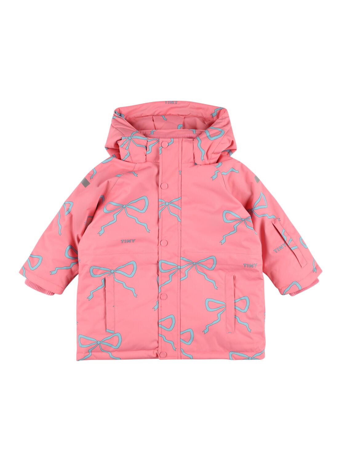 Tiny Cottons Bow Print Nylon Puffer Ski Jacket In Pink