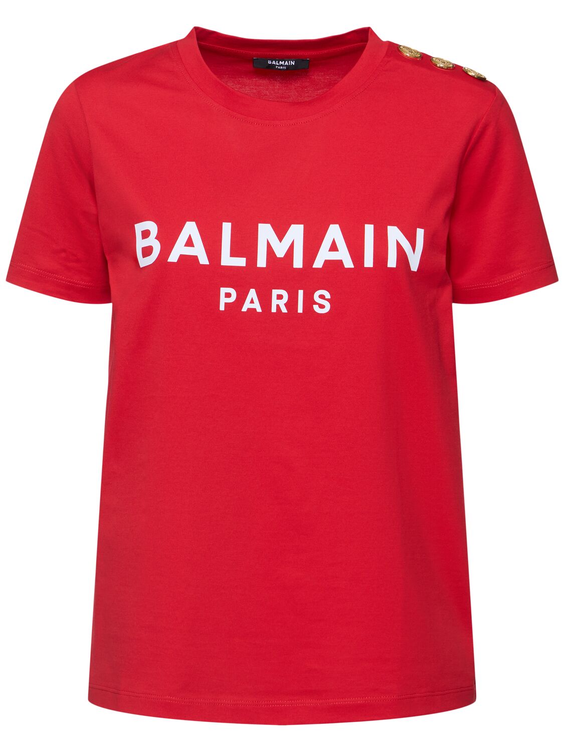 Shop Balmain Logo Printed Buttoned Jersey T-shirt In Red/white