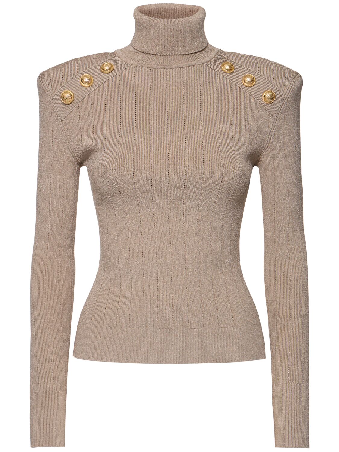 Balmain Button-trimmed Knit Turtleneck Jumper In Brown