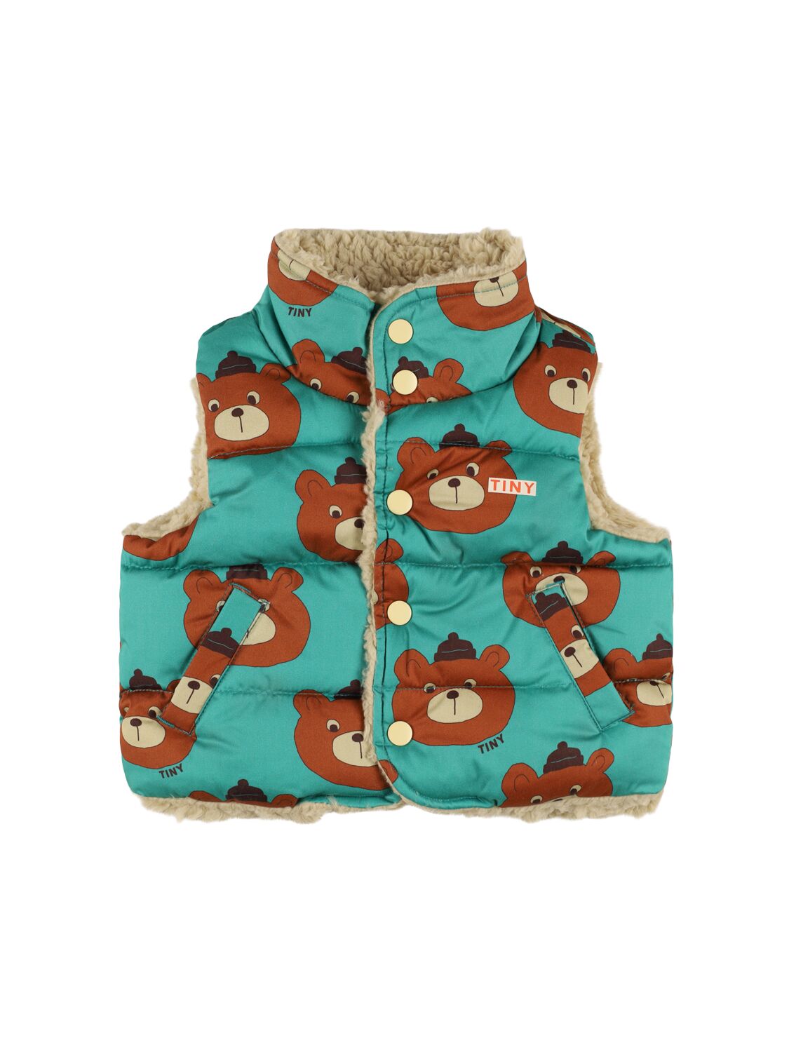 Tiny Cottons Bear Print Cotton Puffer Vest In Green