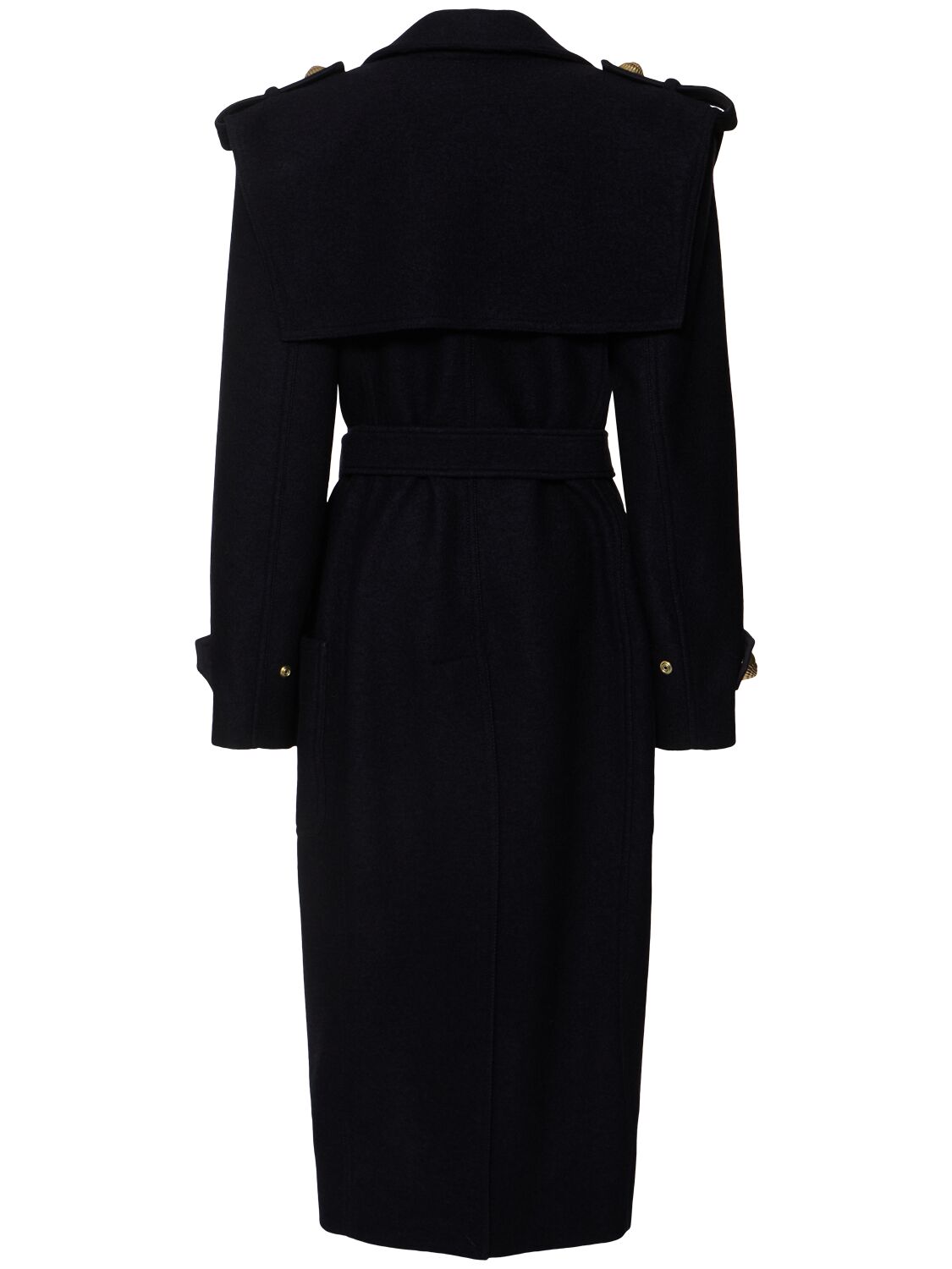 Shop Balmain Tailored Boiled Wool Blend Trench Coat In Black