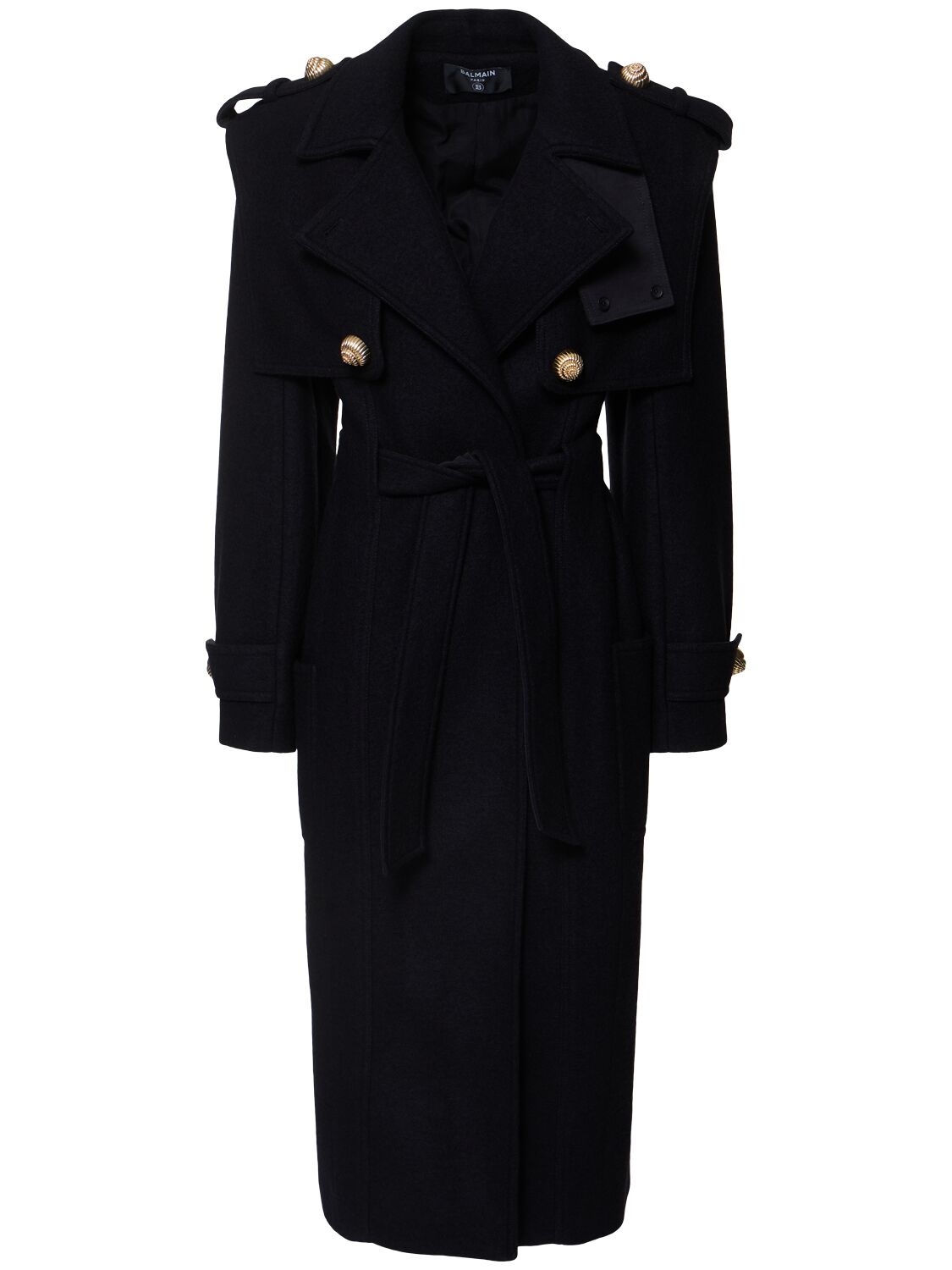 Balmain Tailored Boiled Wool Blend Trench Coat In Black