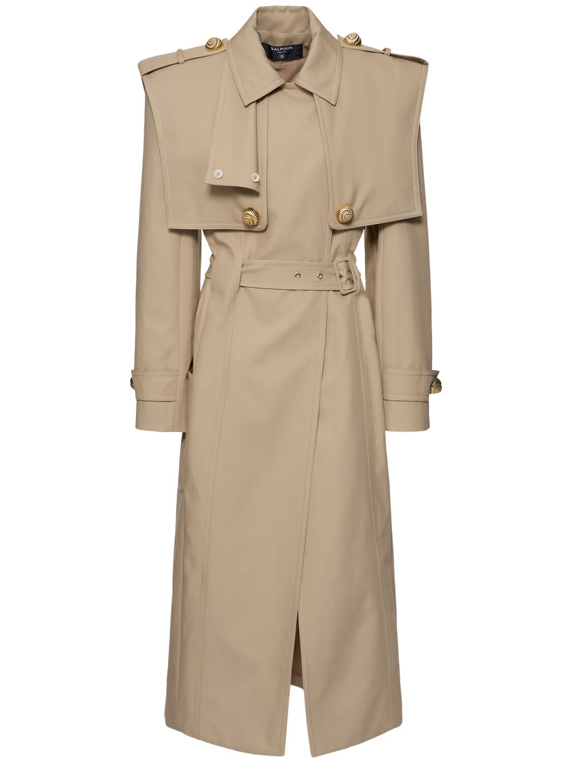 Balmain Tailored Cotton Gabardine Trench Coat In Beige