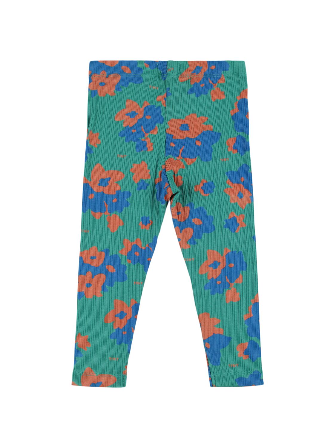 Shop Tiny Cottons Flower Print Ribbed Cotton Leggings In Green/multi