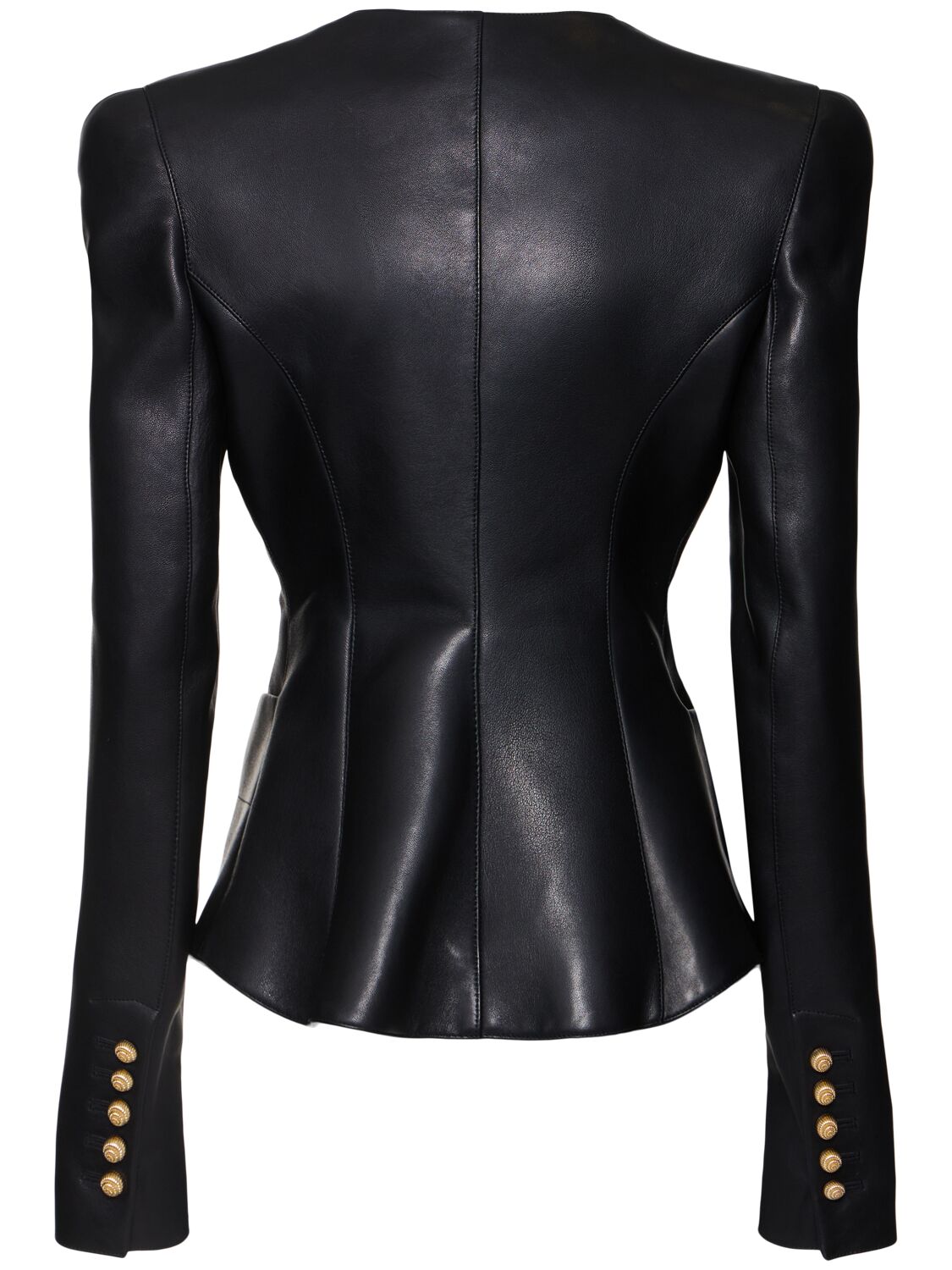 Shop Balmain Collarless Leather Jacket In Black