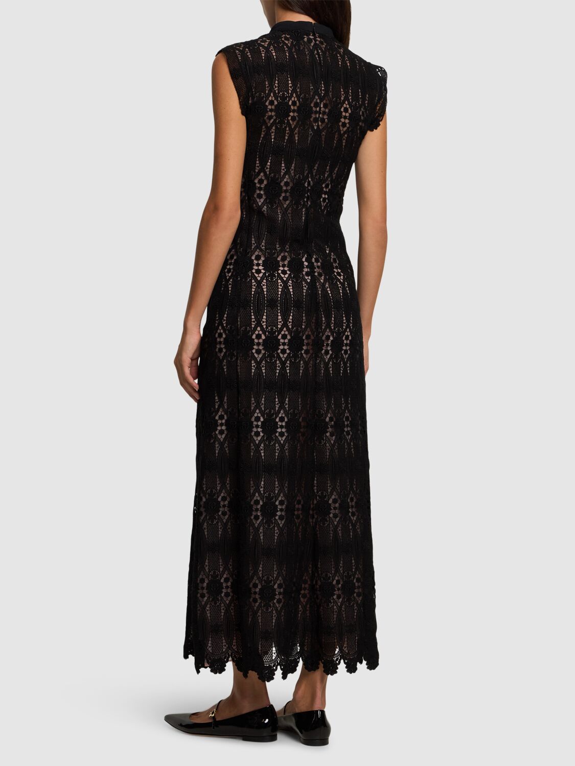 Giambattista Valli Crystal-button Sleeveless Guipure Lace Midi Dress In Black