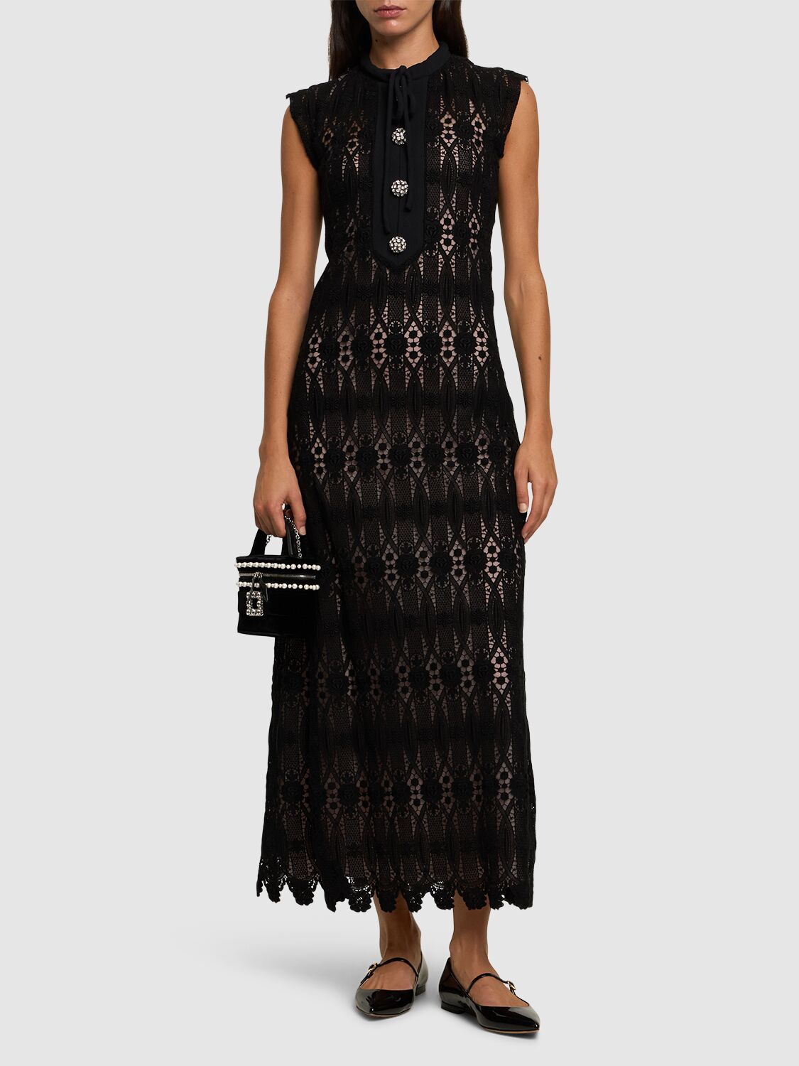 Giambattista Valli Crystal-button Sleeveless Guipure Lace Midi Dress In Black