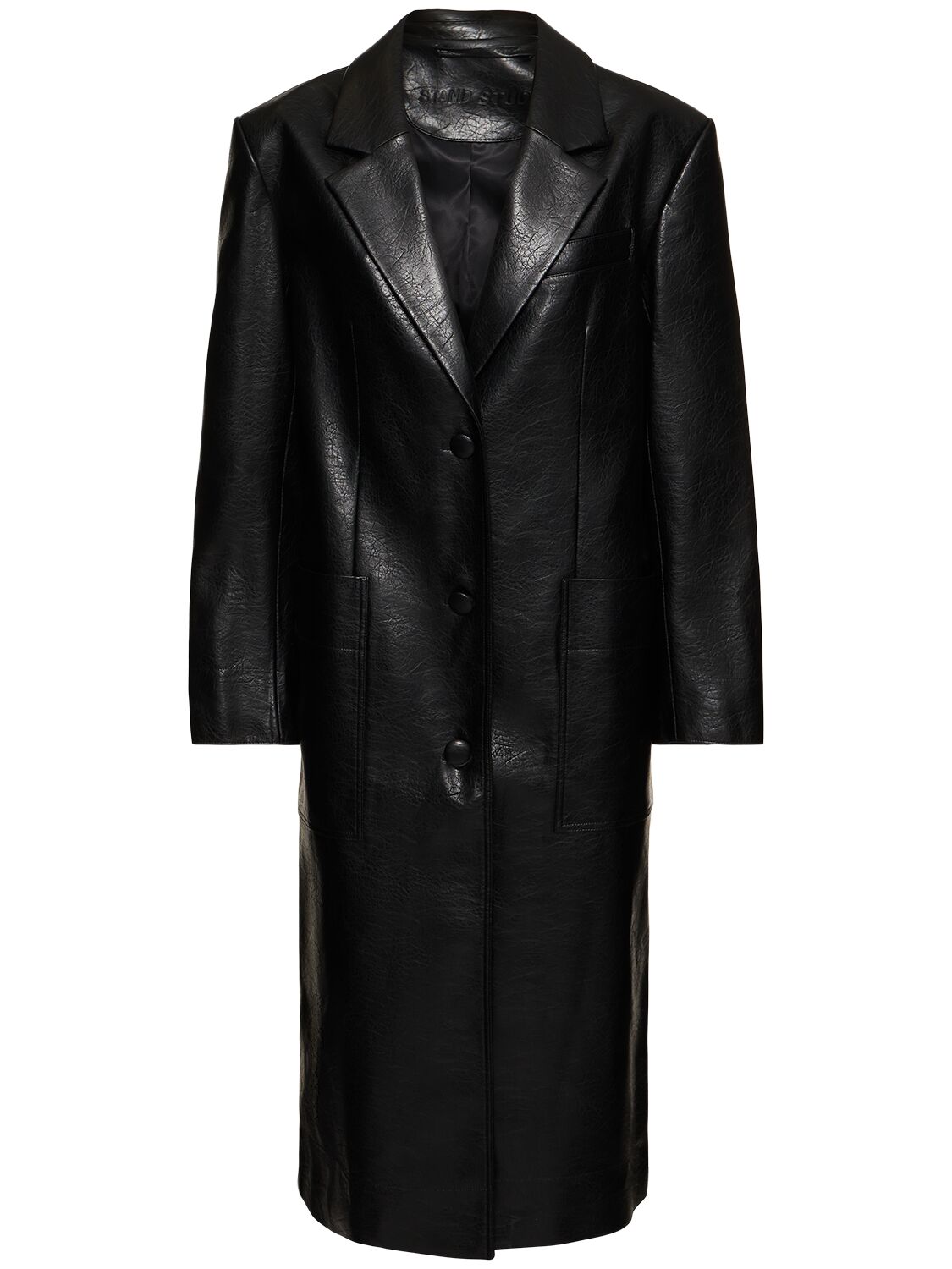 Stand Studio Liv Crackled Faux Leather Coat In Black