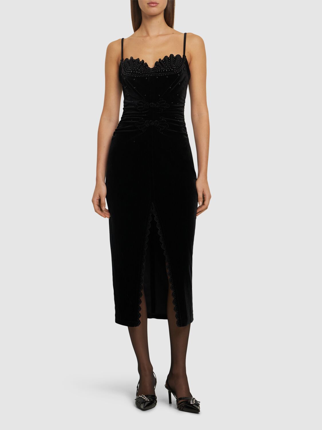 Shop Le Fame Shell Embellished Velvet Midi Dress In 黑色