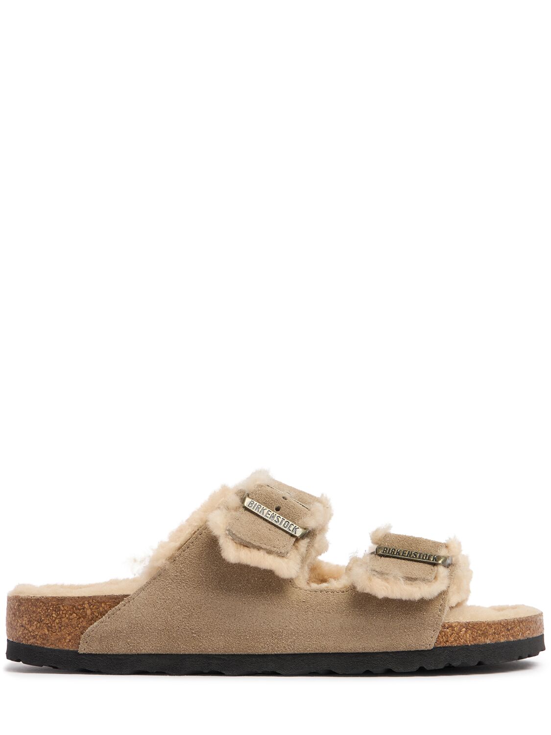 Birkenstock Arizona Suede Shearling Dual-buckle Slide Sandals In Taupe