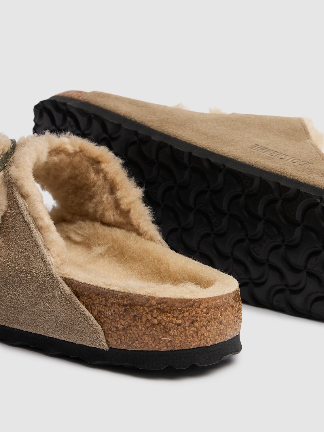 Birkenstock Arizona Suede Shearling Dual-buckle Slide Sandals In Taupe