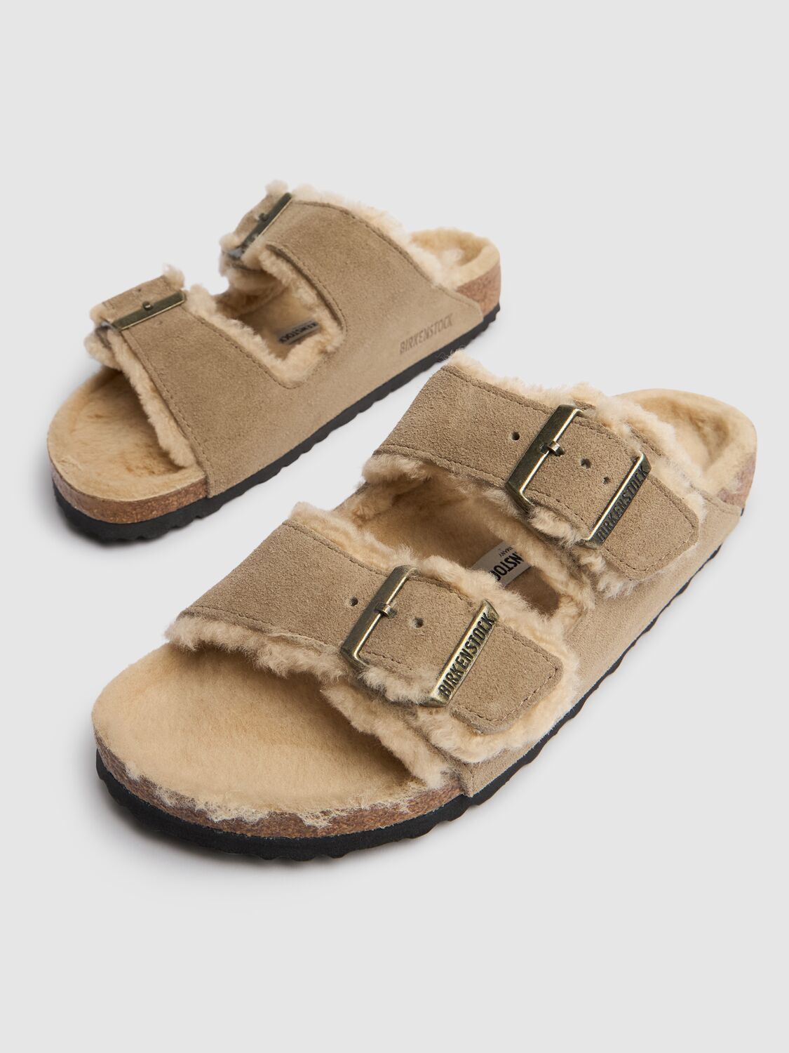 Birkenstock Arizona Suede Shearling Dual-buckle Slide Sandals In Taupe