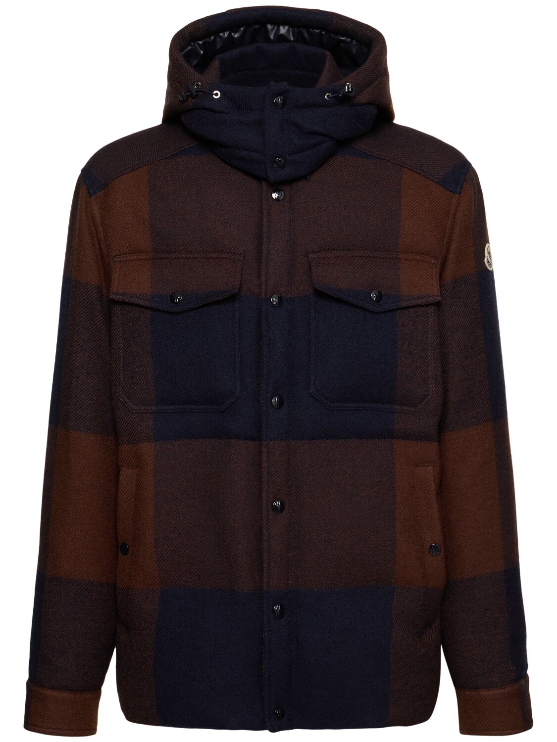 Shop Moncler Ladurns Virgin Wool Down Shirt Jacket In Blue/brown