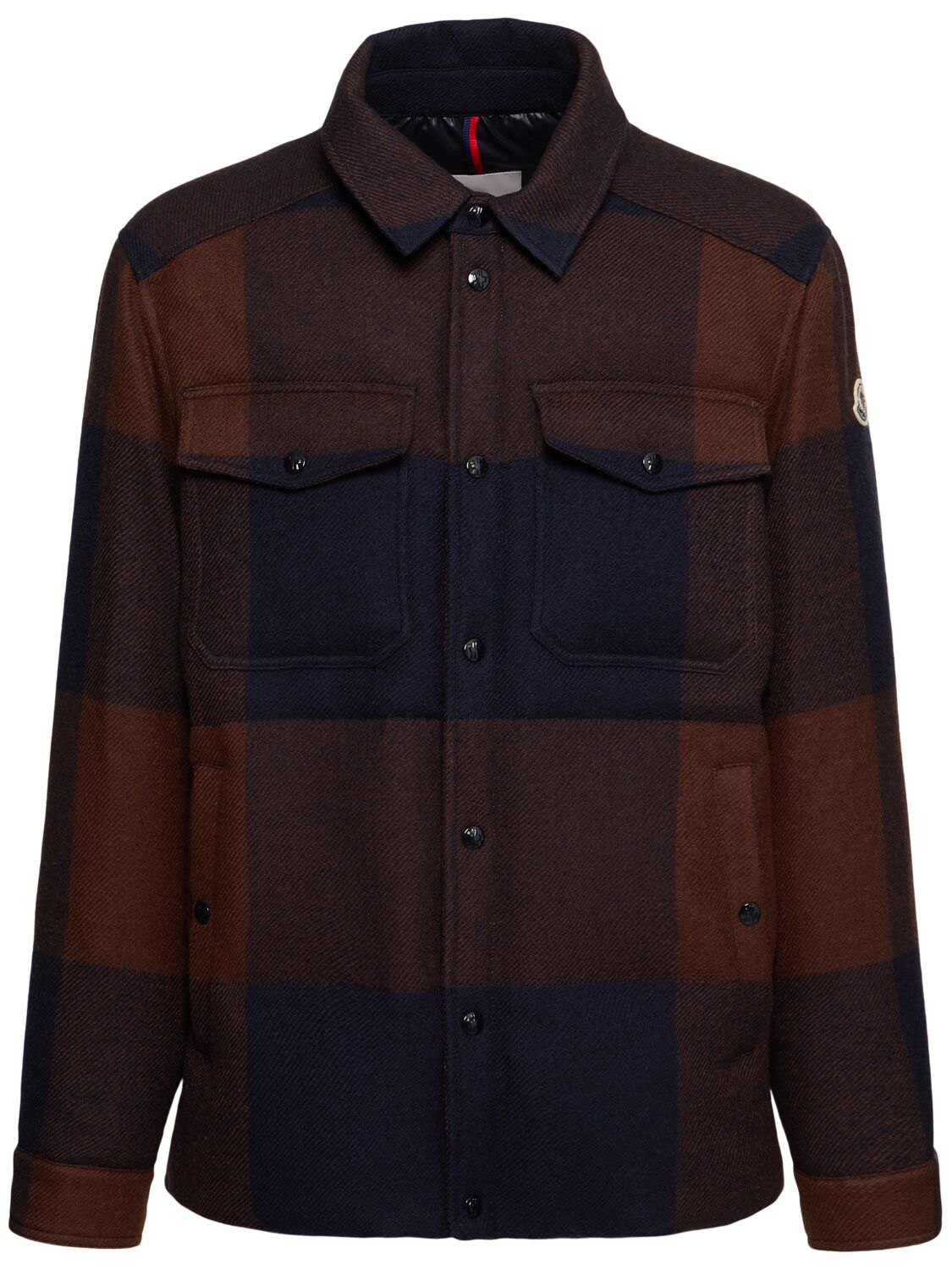 Shop Moncler Ladurns Virgin Wool Down Shirt Jacket In Blue/brown